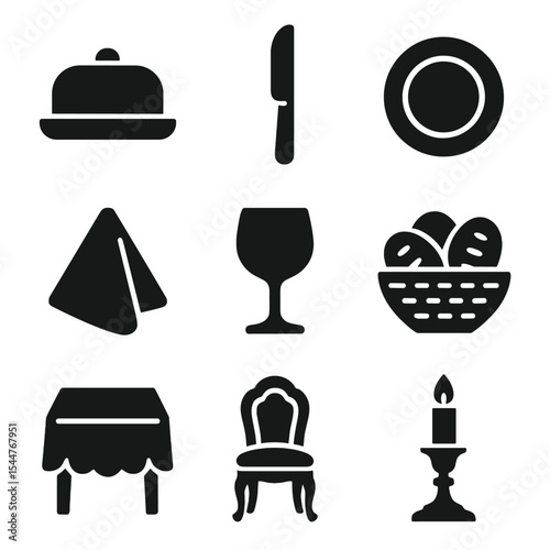 Elegant Table Icons. Solid, filled icons set of elegant table setting: covered butter dish, silver knife, fine