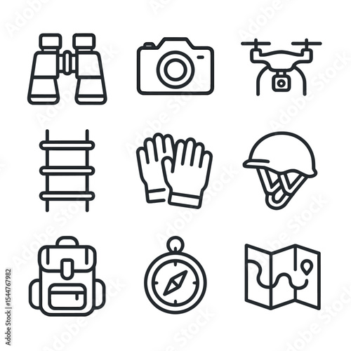 Forest Explorer Gear Icons. Outline icon set of forest canopy exploration gear: binoculars, camera, drone, rope ladder, gloves,