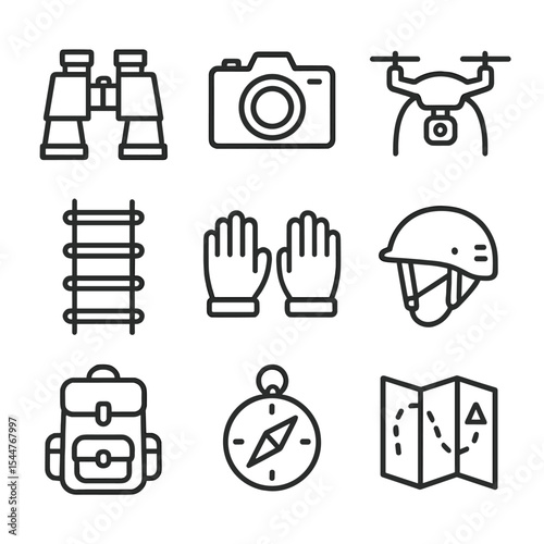 Forest Explorer Gear Icons. Outline icon set of forest canopy exploration gear: binoculars, camera, drone, rope ladder, gloves,