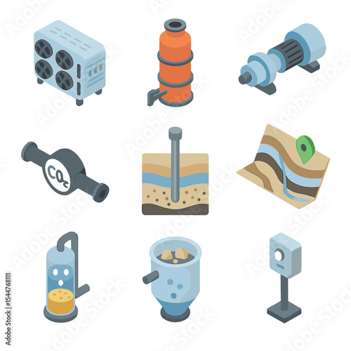 Carbon Capture Icons. Isometric Flat icon set of carbon capture and storage: DAC unit, absorption tower, compression pump, CO₂
