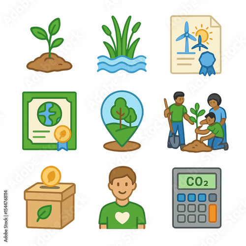 Carbon Offset Icon Set. Isometric Flat icon set of carbon offset and restoration projects: reforestation sapling, wetland