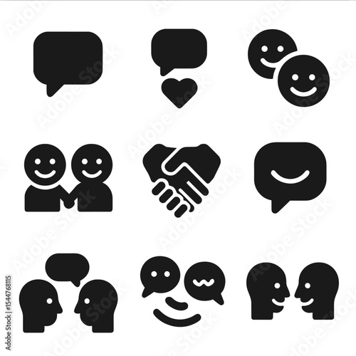 Emotional Interaction Icons. Solid, filled icons set of emotional interactions: chat bubble, warm word, shared
