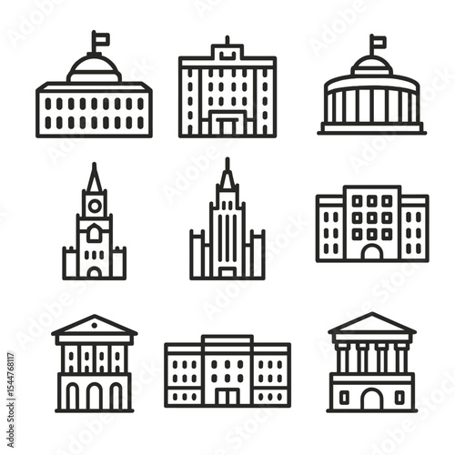 Moscow Government Icons. Outline icon set of Moscow government buildings: Kremlin Senate, State Duma chamber, Federation Council