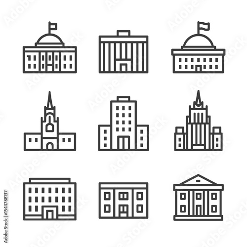 Moscow Government Icons. Outline icon set of Moscow government buildings: Kremlin Senate, State Duma chamber, Federation Council