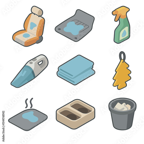 Car Interior Essentials. Isometric Flat icon set of Car Interior Water Spill Response: car seat wet spot, floor mat, upholstery