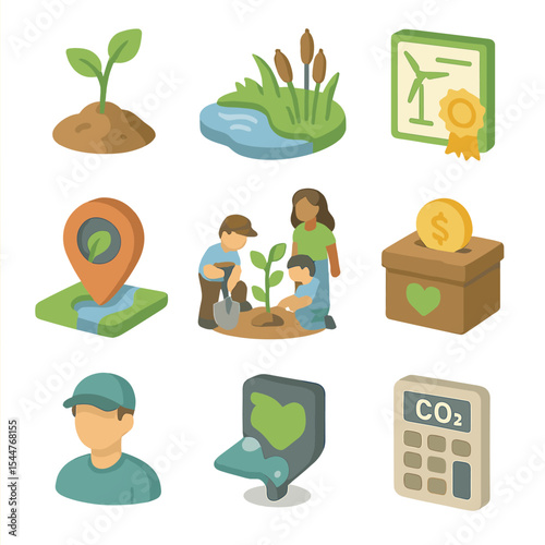 Carbon Offset Icon Set. Isometric Flat icon set of carbon offset and restoration projects: reforestation sapling, wetland