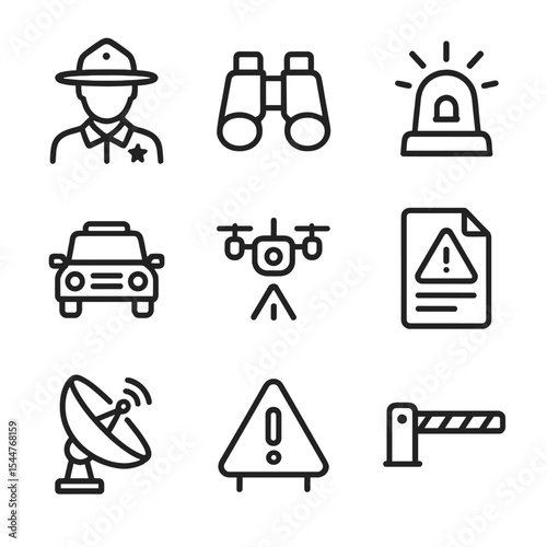Monitoring Icon Set. Outline icon set of monitoring and enforcement: ranger patrol, binoculars, camera drone, alert beacon, patrol
