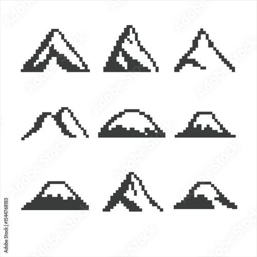 Mountain Silhouette Grid. Pixel art icon set of mountain peaks silhouettes: Everest silhouette, K2 outline, Matterhorn shape,