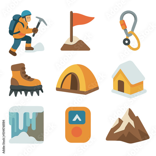 Mountain Climbing Icons. Isometric Flat icon set of Mountain Climbing Expeditions: mountaineer with ice axe, summit flag, rope