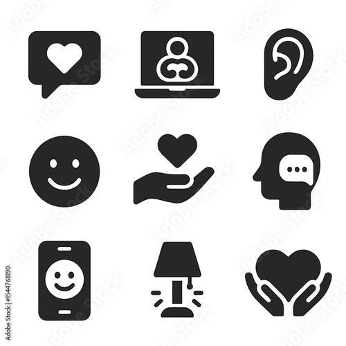 Emotional Support Icons. Solid, filled icons set of emotional support from afar: caring message, virtual hug, listening ear, warm emoji