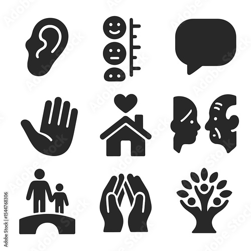 Empathy Icon Set. Solid, filled icons set of building empathy across generations: listening ear, emotion chart