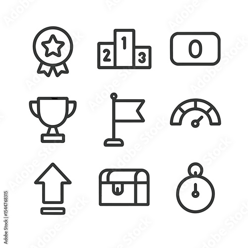 Gamification Icon Set. Outline icon set of gamification elements: achievement badge, leaderboard podium, point counter, trophy cup