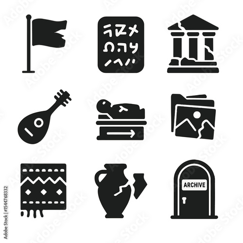 Endangered Cultural Icons. Solid, filled icons set of endangered cultural symbols: torn flag, forgotten script