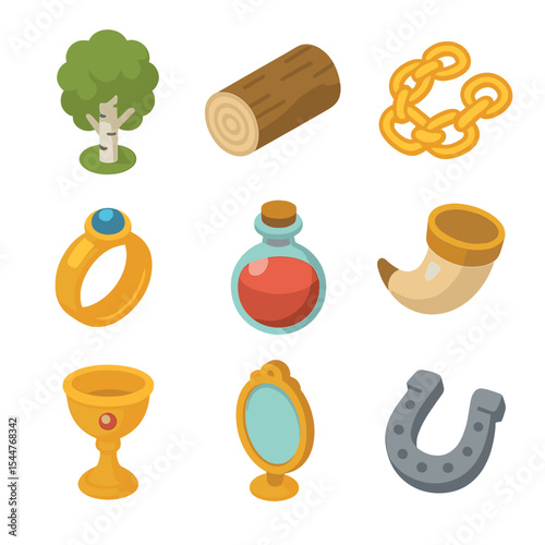 Mystical Artifact Icons. Isometric Flat icon set of symbolic artifacts: birch tree, oak log, golden chain, magic ring, healing