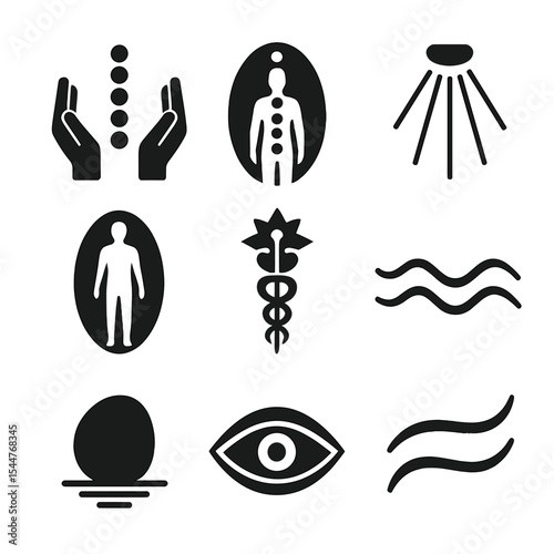 Energy Healing Icons. Solid, filled icons set of energy healing methods: reiki hands, chakra alignment, light