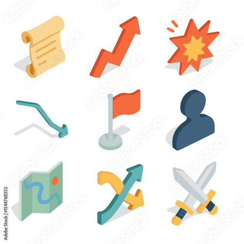 Narrative Structure Icons. Isometric Flat icon set of narrative structure elements: exposition scroll, rising action arrow, climax