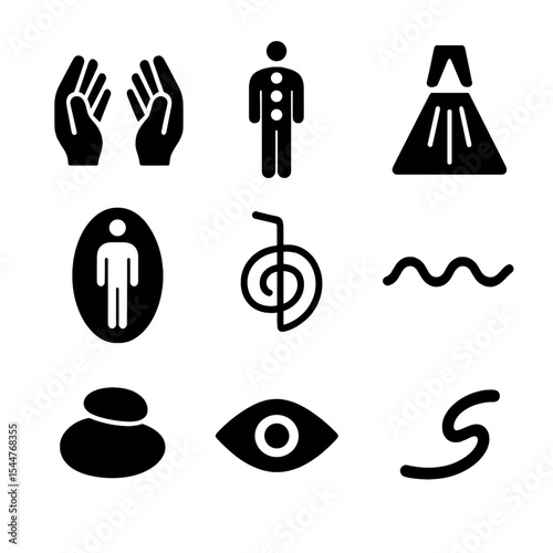Energy Healing Icons. Solid, filled icons set of energy healing methods: reiki hands, chakra alignment, light