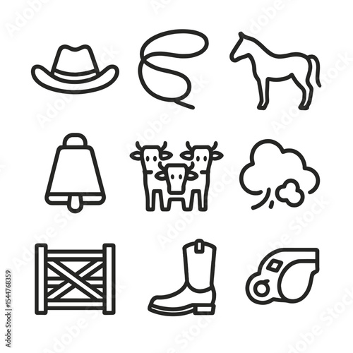 Cattle Herding Icon Set. Outline icon set of cattle herding scene: cowboy hat, lasso rope, horse silhouette, cowbell, herd cluster