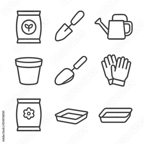 Gardening Tools Icons. Outline icon set of greenhouse potting tools and supplies: potting mix bag, gardening trowel, watering can,