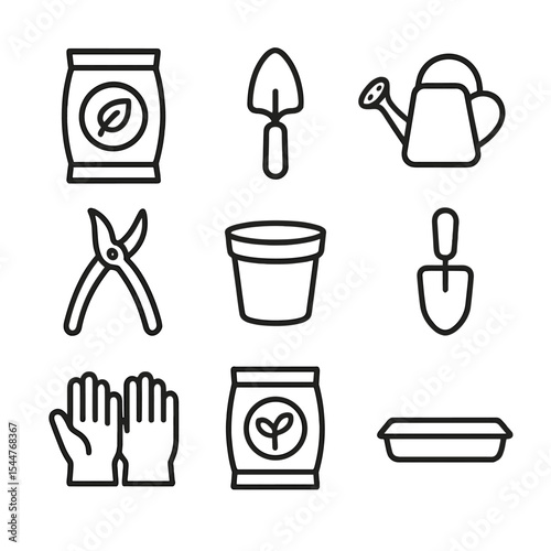 Gardening Tools Icons. Outline icon set of greenhouse potting tools and supplies: potting mix bag, gardening trowel, watering can,
