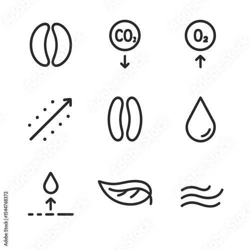 Gas Exchange Icons. Outline icon set of gas exchange process: stomatal opening, CO₂ arrow in, O₂ arrow out, diffusion gradient,