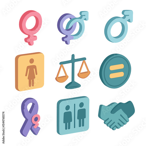 Gender Equality Icons. Isometric Flat icon set of gender equality icons: female symbol, male symbol, combined gender icon,