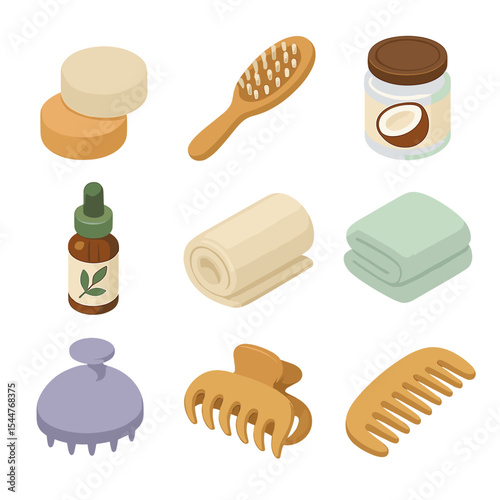 Natural Hair Care Icons. Isometric Flat icon set of natural hair care: shampoo bar, conditioner bar, wooden brush, coconut oil pot