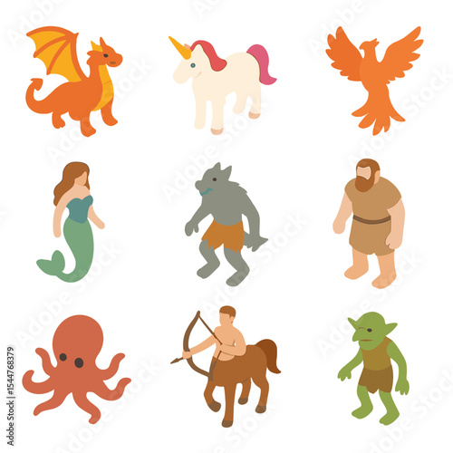 Mythical Creatures Icons. Isometric Flat icon set of mythical creatures: dragon, unicorn, phoenix, mermaid, werewolf, giant,