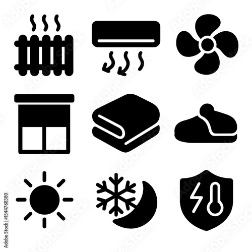 Energy Savings Icons. Solid, filled icons set of heating and cooling savings: heater icon, air conditioner, fan icon, window shade,