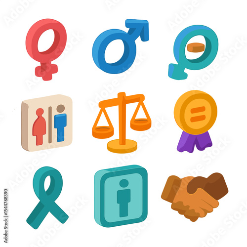Gender Equality Icons. Isometric Flat icon set of gender equality icons: female symbol, male symbol, combined gender icon,