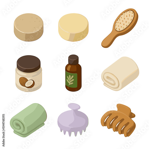 Natural Hair Care Icons. Isometric Flat icon set of natural hair care: shampoo bar, conditioner bar, wooden brush, coconut oil pot