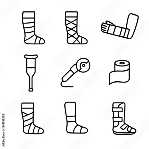 Casts and Splints Icons. Outline icon set of casts and splints: plaster cast, fiberglass cast, splint, crutch, cast removal saw,