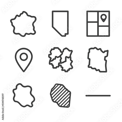 Geographical Division Icons. Outline icon set of geographical divisions: country outline, state border, city zone, district marker