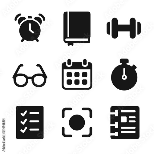 Entrepreneurial Habits Icons. Solid, filled icons set of daily habits of successful entrepreneurs: morning