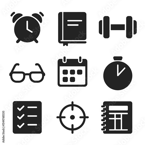 Entrepreneurial Habits Icons. Solid, filled icons set of daily habits of successful entrepreneurs: morning