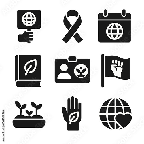 Environmental Advocacy Icons. Solid, filled icons set of environmental advocacy and education: climate protest