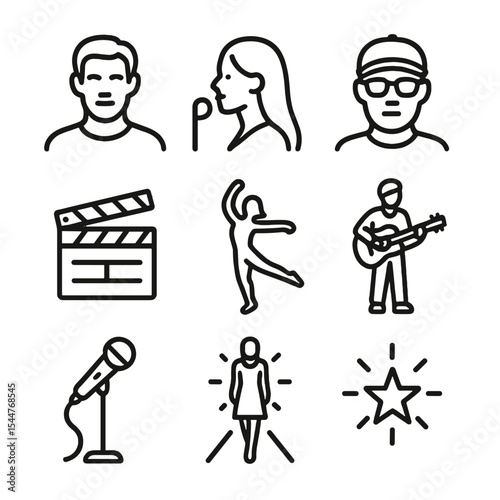 Celebrity Outline Icons. Outline icon set of celebrity portraits: actor headshot, singer profile, director glasses, producer