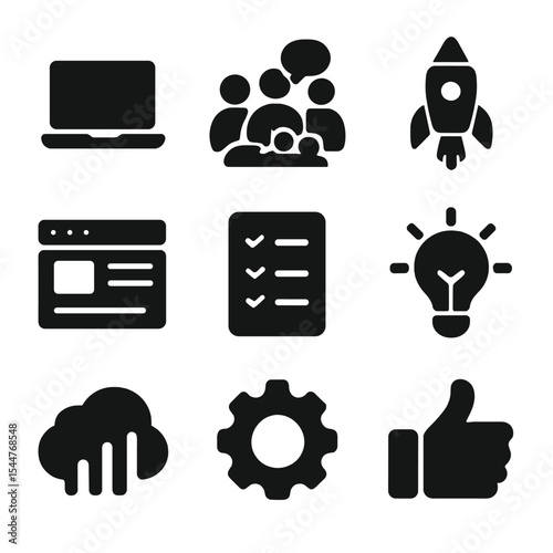 Entrepreneur Icons Set. Solid, filled icons set of a team of entrepreneurs launching a website: laptop icon, team discussion, rocket launch, website icon, checklist, .