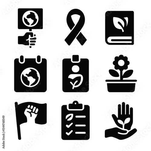 Environmental Advocacy Icons. Solid, filled icons set of environmental advocacy and education: climate protest