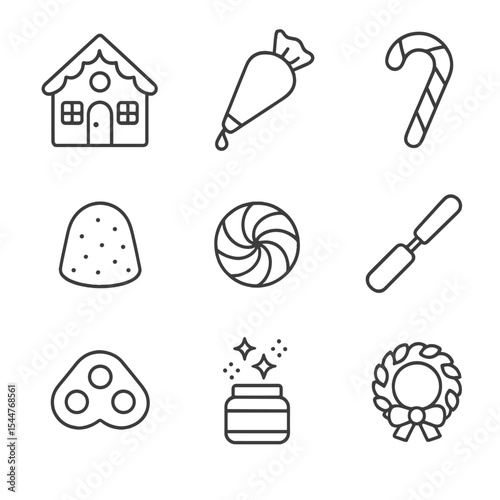 Gingerbread House Icons. Outline icon set of gingerbread house decorating: gingerbread house, royal icing, candy cane, gumdrop,