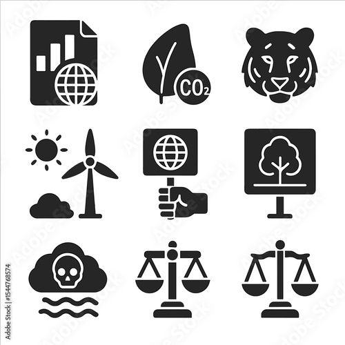 Environmental Journalism Icons. Solid, filled icons set of environmental journalism: climate report, green leaf, carbon footprint, endangered animal, renewable energy, 