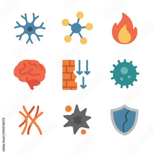 Neuroinflammation Icon Set. Flat icon set of neuroinflammation: microglia cell, cytokine molecule, flame, swelling brain, barrier