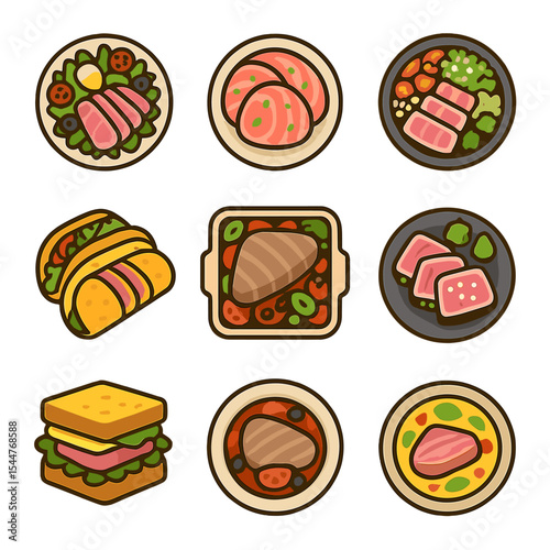 Global Tuna Dishes. Flat icon set of global tuna steak dishes: Niçoise salad, tuna carpaccio, poke bowl, tuna steak tacos,