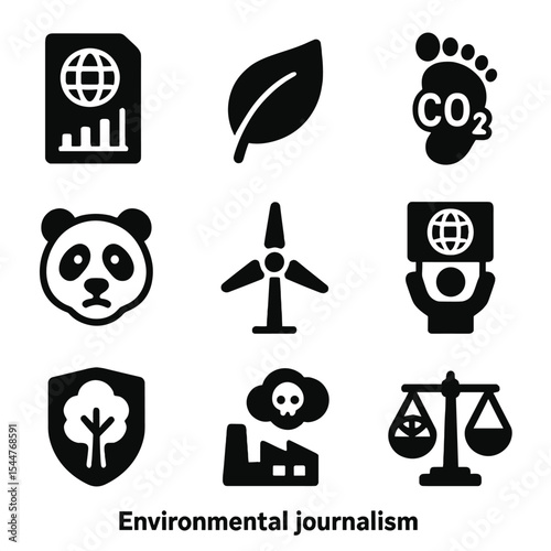 Environmental Journalism Icons. Solid, filled icons set of environmental journalism: climate report, green leaf, carbon footprint, endangered animal, renewable energy, 