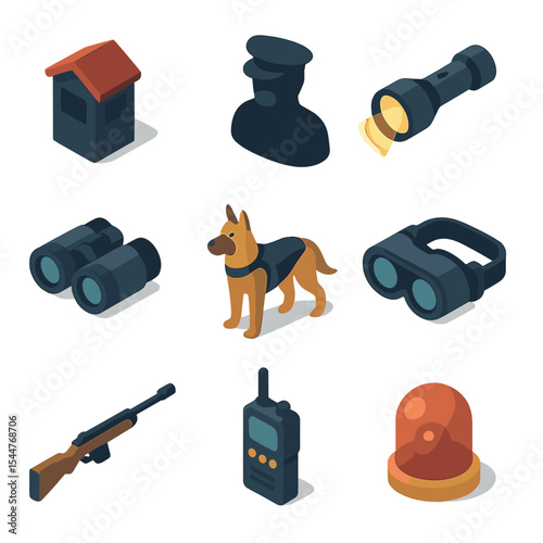 Nighttime Sentry Icons. Isometric Flat icon set of nighttime sentry and watch: sentry post, guard silhouette, flashlight beam,