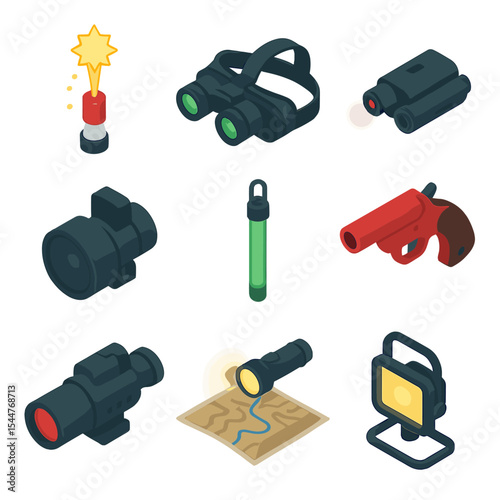 Nighttime Tactical Icons. Isometric Flat icon set of nighttime firing support: star shell flare, night-vision goggles, IR pointer,