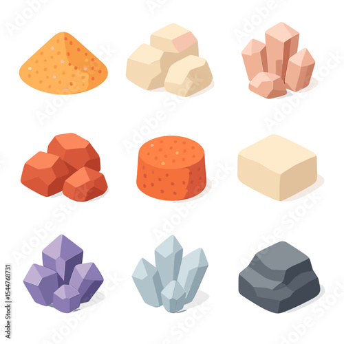 Non-Metallic Minerals Icons. Isometric Flat icon set of non-metallic minerals: silica sand, limestone, gypsum, phosphate rock,