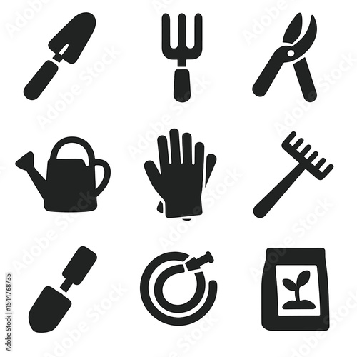 Essential Gardening Tools. Solid, filled icons set of essential gardening tools: hand trowel, garden fork,