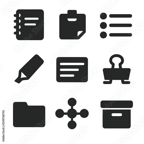 Note-Taking Icon Set. Flat icon set of note-taking and organization: spiral notebook, sticky tab, bullet list, highlighter, index