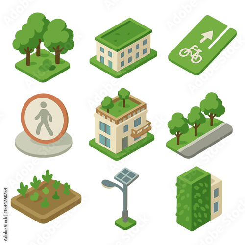 Green Urban Icons. Isometric Flat icon set of green urban planning: urban park with mature trees, green roof building, dedicated